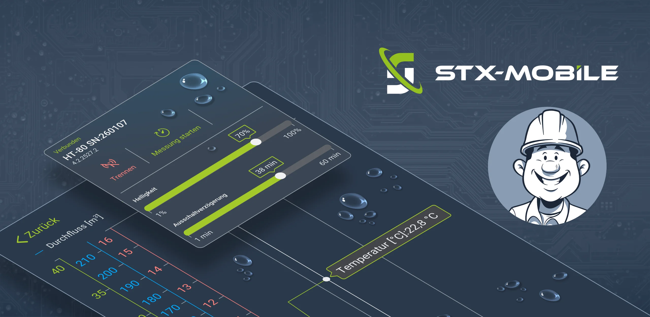 STX-Mobile App für den Hydrantentester HT-80 mit Messwerten und Einstellungen