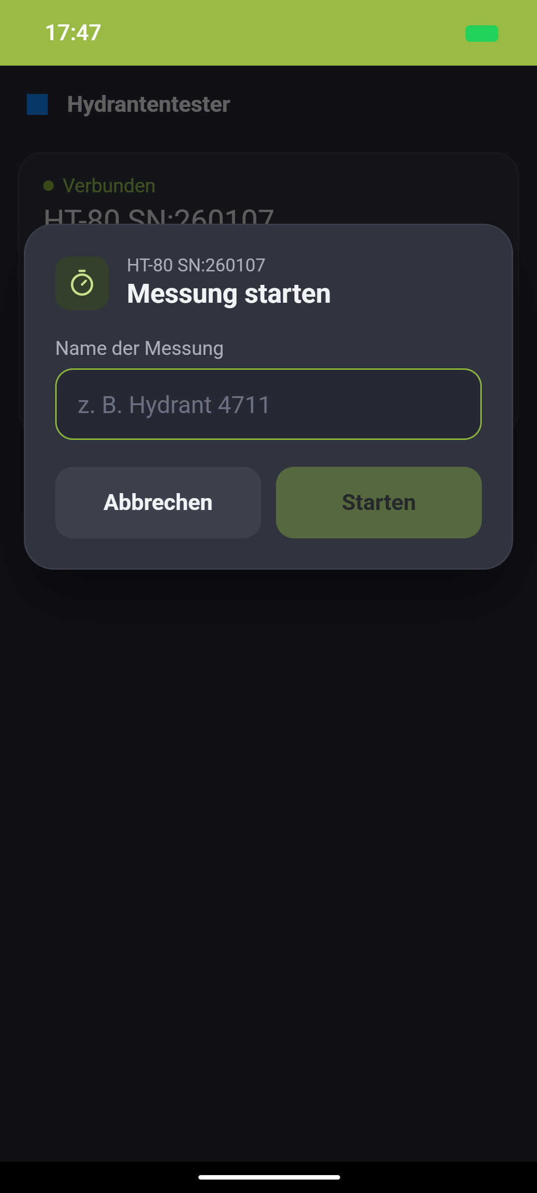 Dialog Messung starten in STX-Mobile mit Eingabefeld für den Namen der Messung